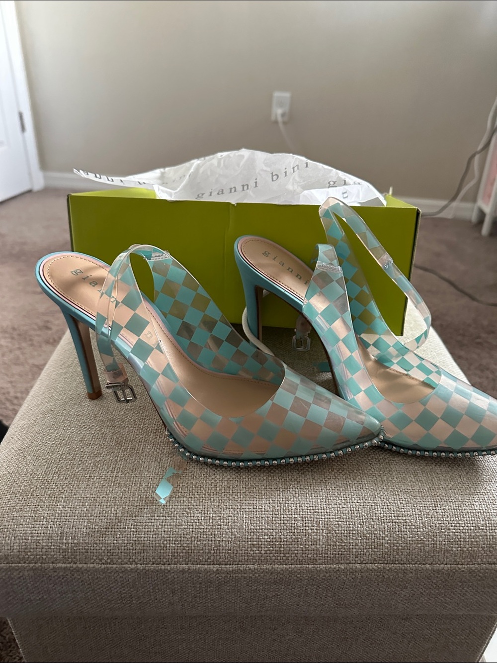 Gianni Bini Mint & Cream Checkered Slingback Heels